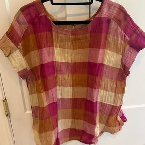 Anthropologie pink gold plaid top